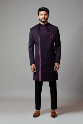 Achkan with Velvet Detailing and Rose Embroidery Set