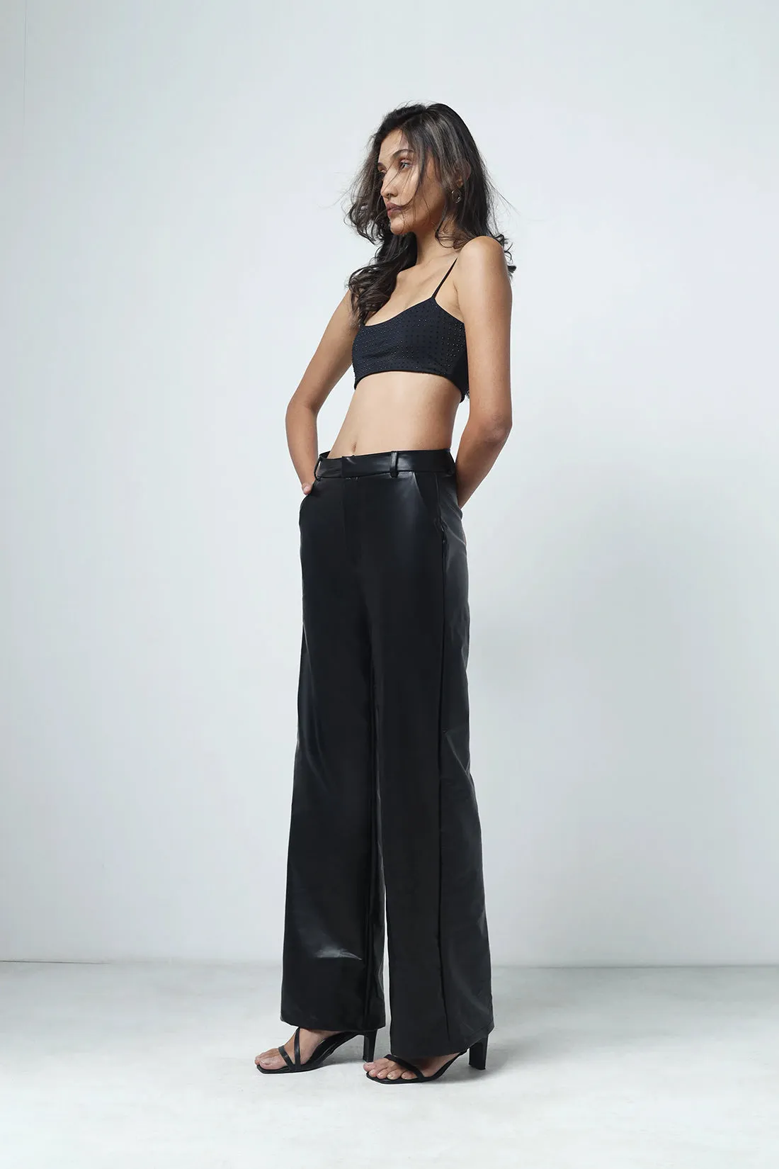 Black Leather Feel Straight Fit Pants