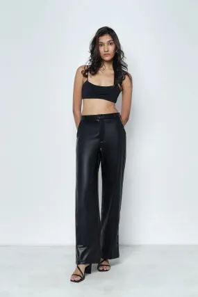 Black Leather Feel Straight Fit Pants