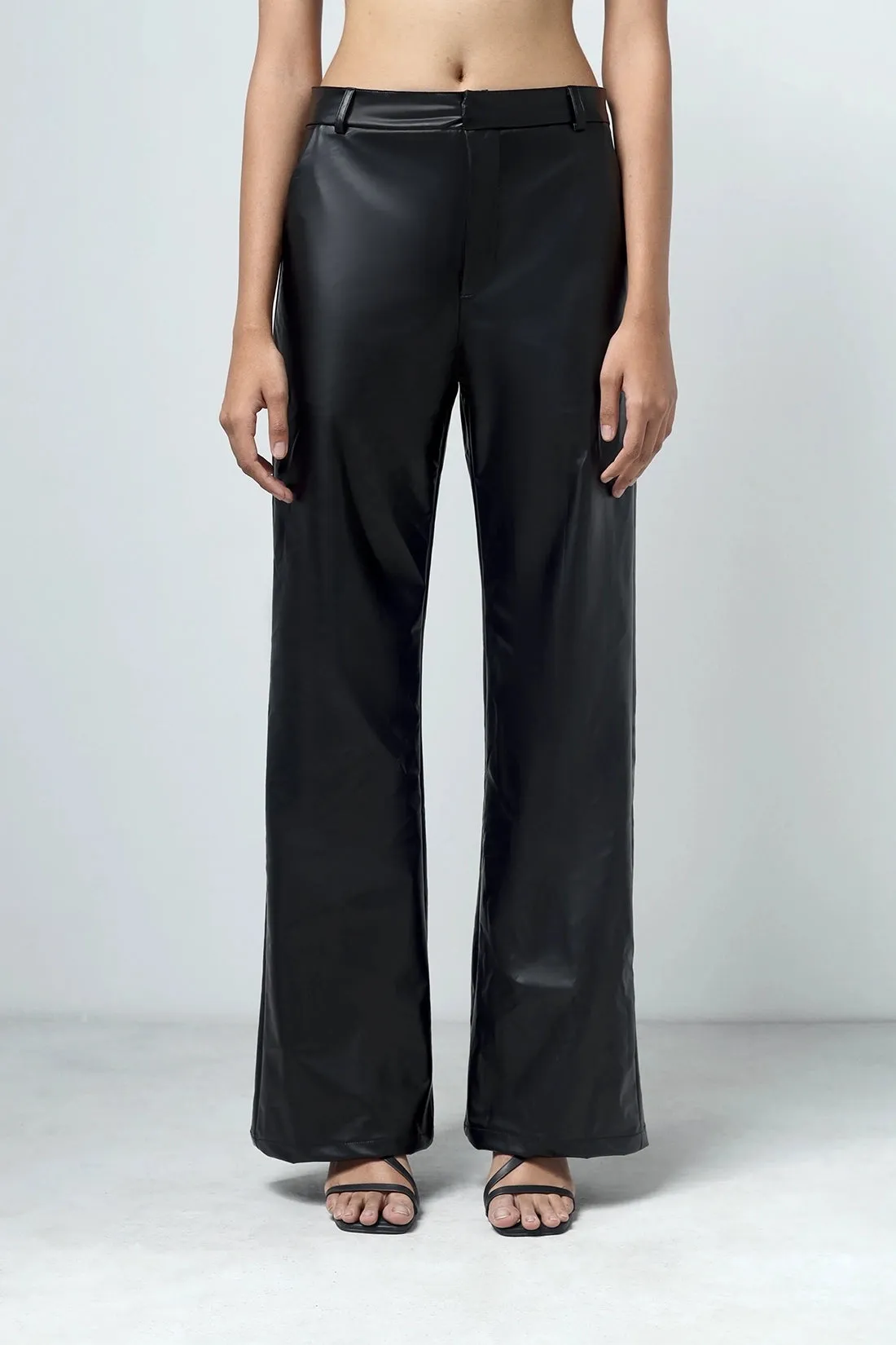 Black Leather Feel Straight Fit Pants