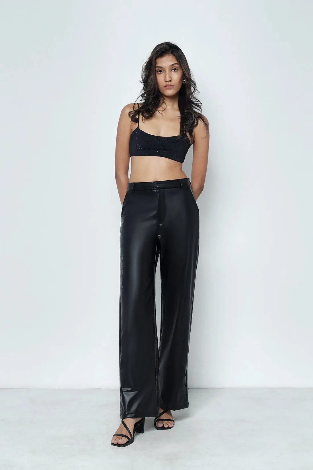 Black Leather Feel Straight Fit Pants