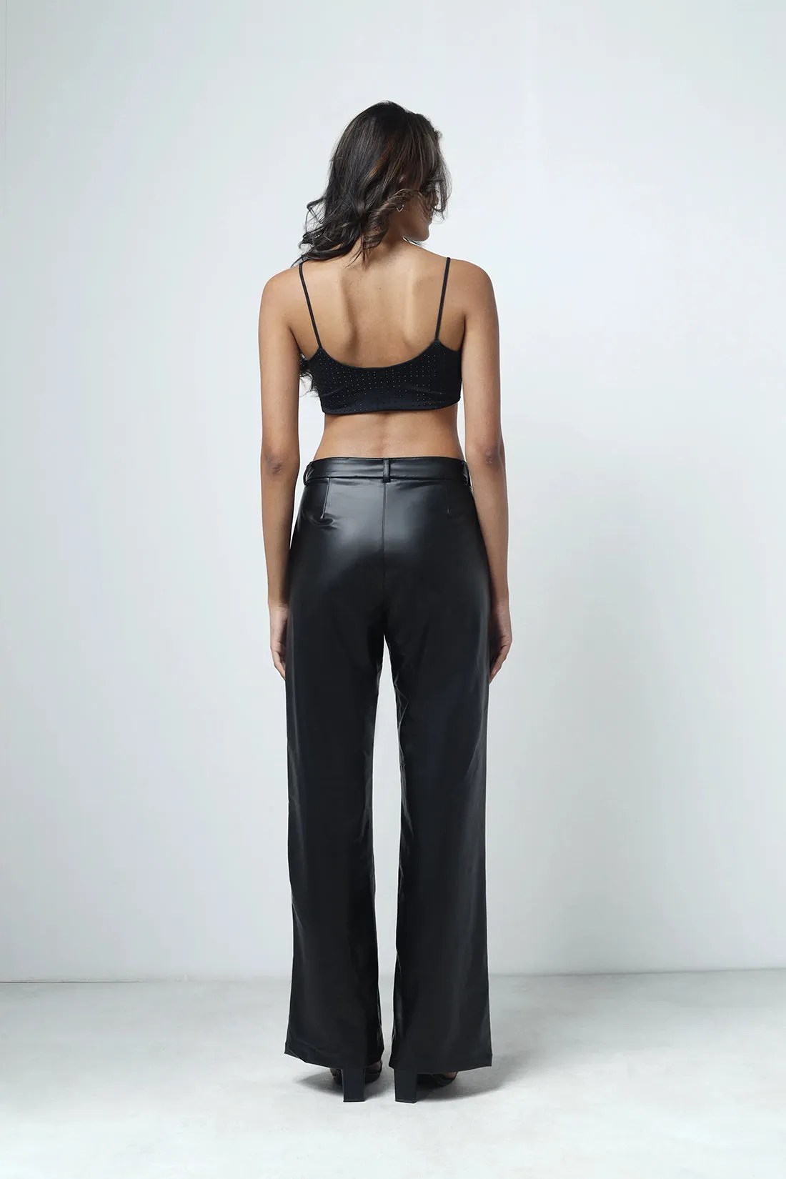 Black Leather Feel Straight Fit Pants