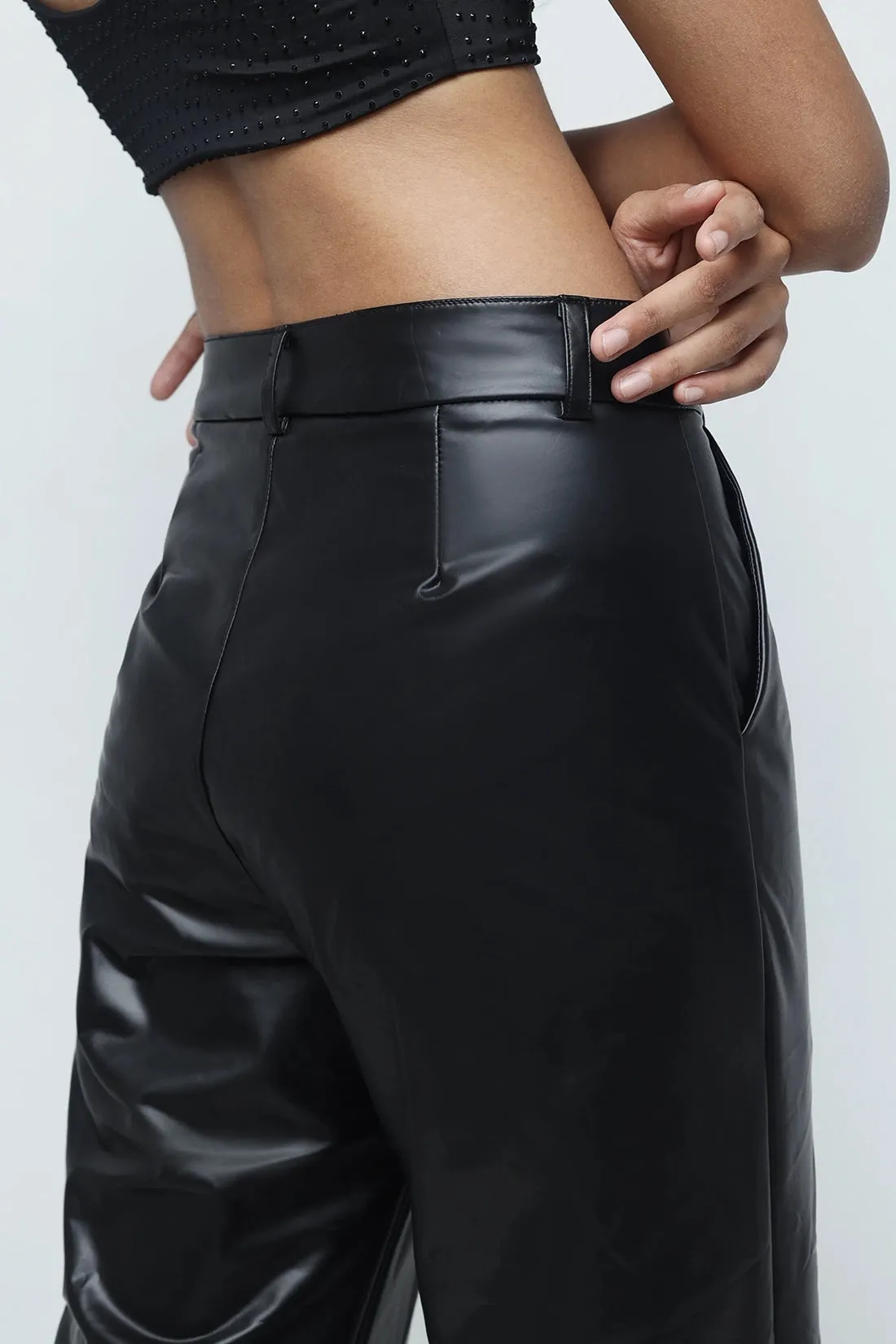 Black Leather Feel Straight Fit Pants