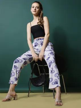 Fresh White and Blue High-Rise Printed Trousers