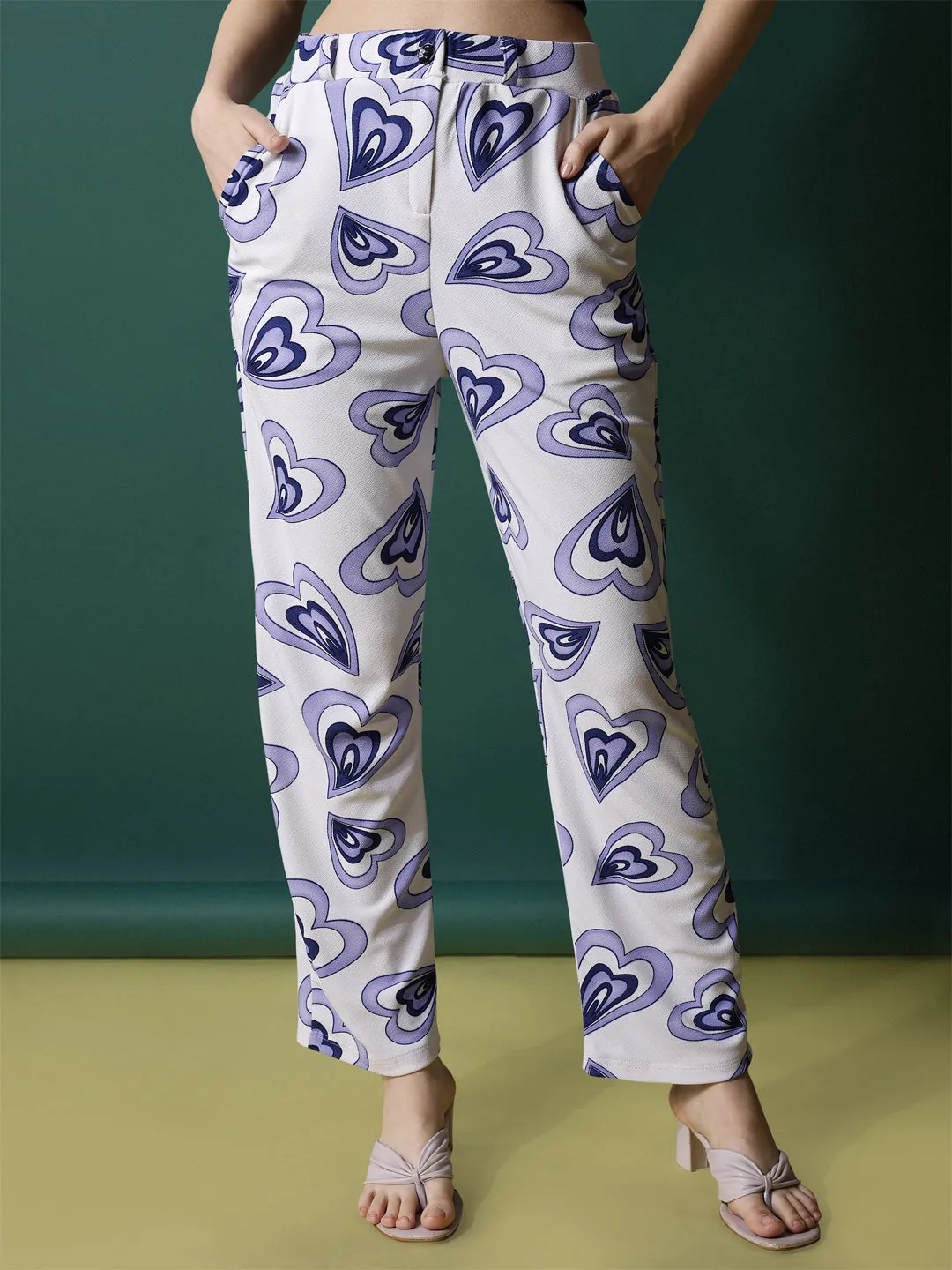 Fresh White and Blue High-Rise Printed Trousers