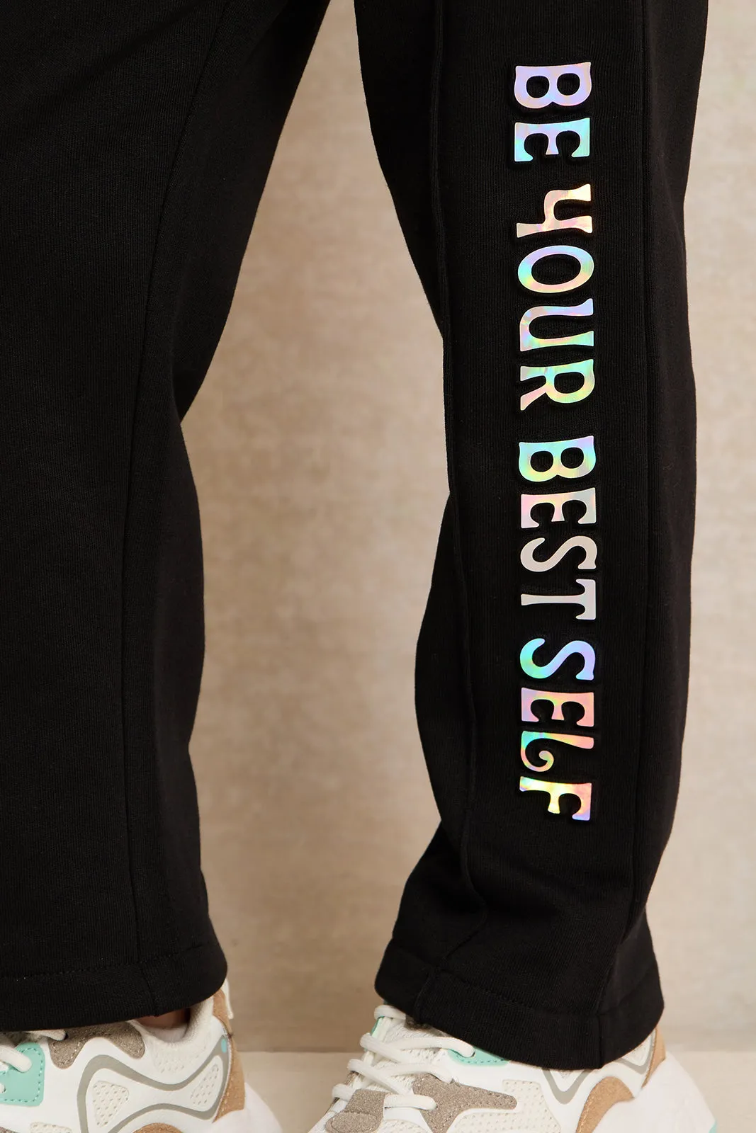 Girls Black Printed Track Pants