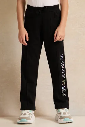 Girls Black Printed Track Pants
