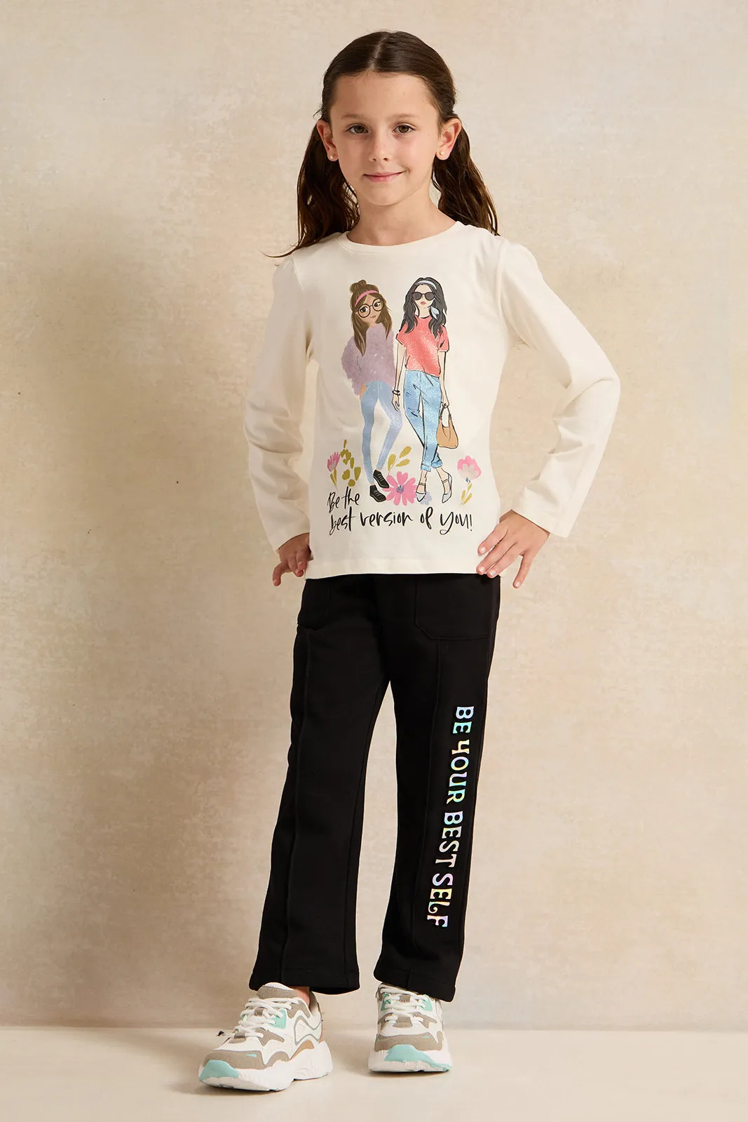 Girls Black Printed Track Pants