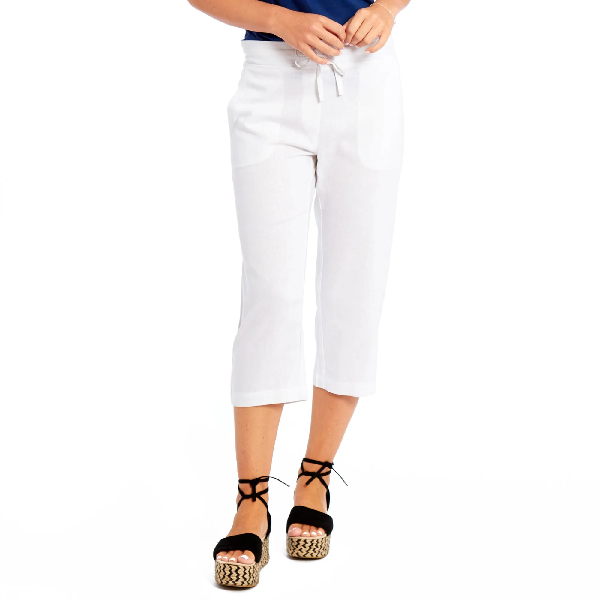 Ladies Linen 3/4 Crop Trousers - White