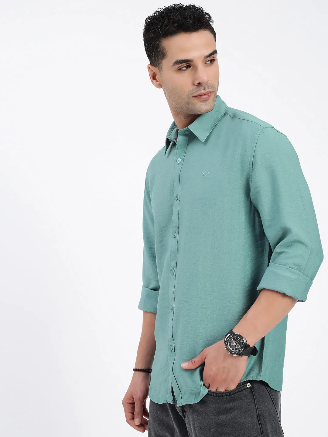 Men Solid Green Slim Fit Shirt