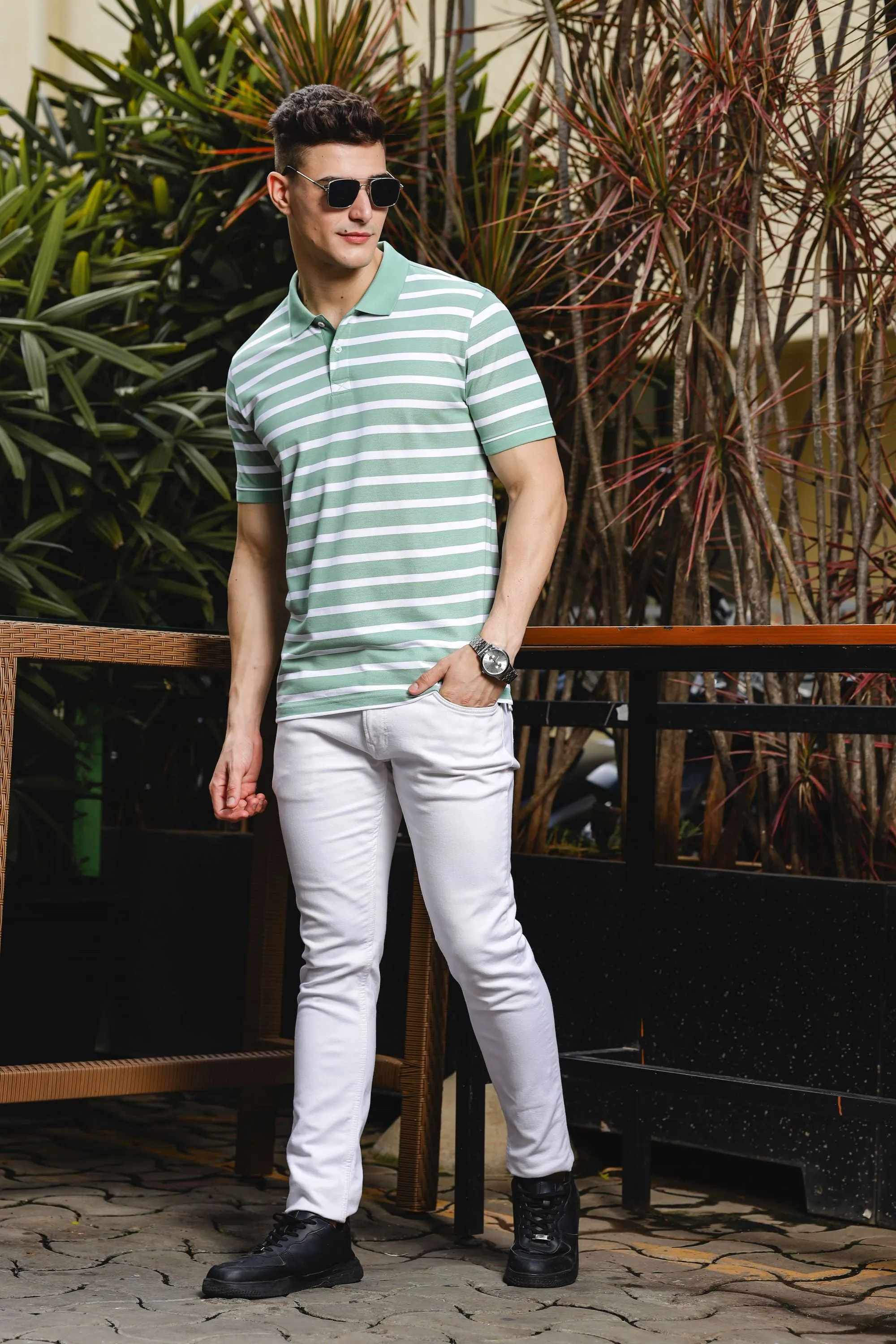 Mens Classic Cotton Polo with Stripes Green
