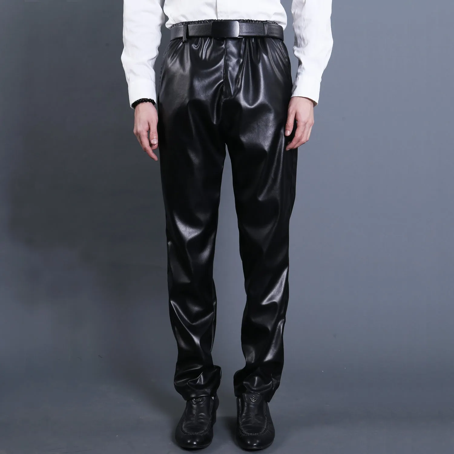Mens Leather Pants Spring And Summer Middle-Aged Windproof Anti-Oil And Dirt-Resistant Leather Pants Men High Waist Straight Pants