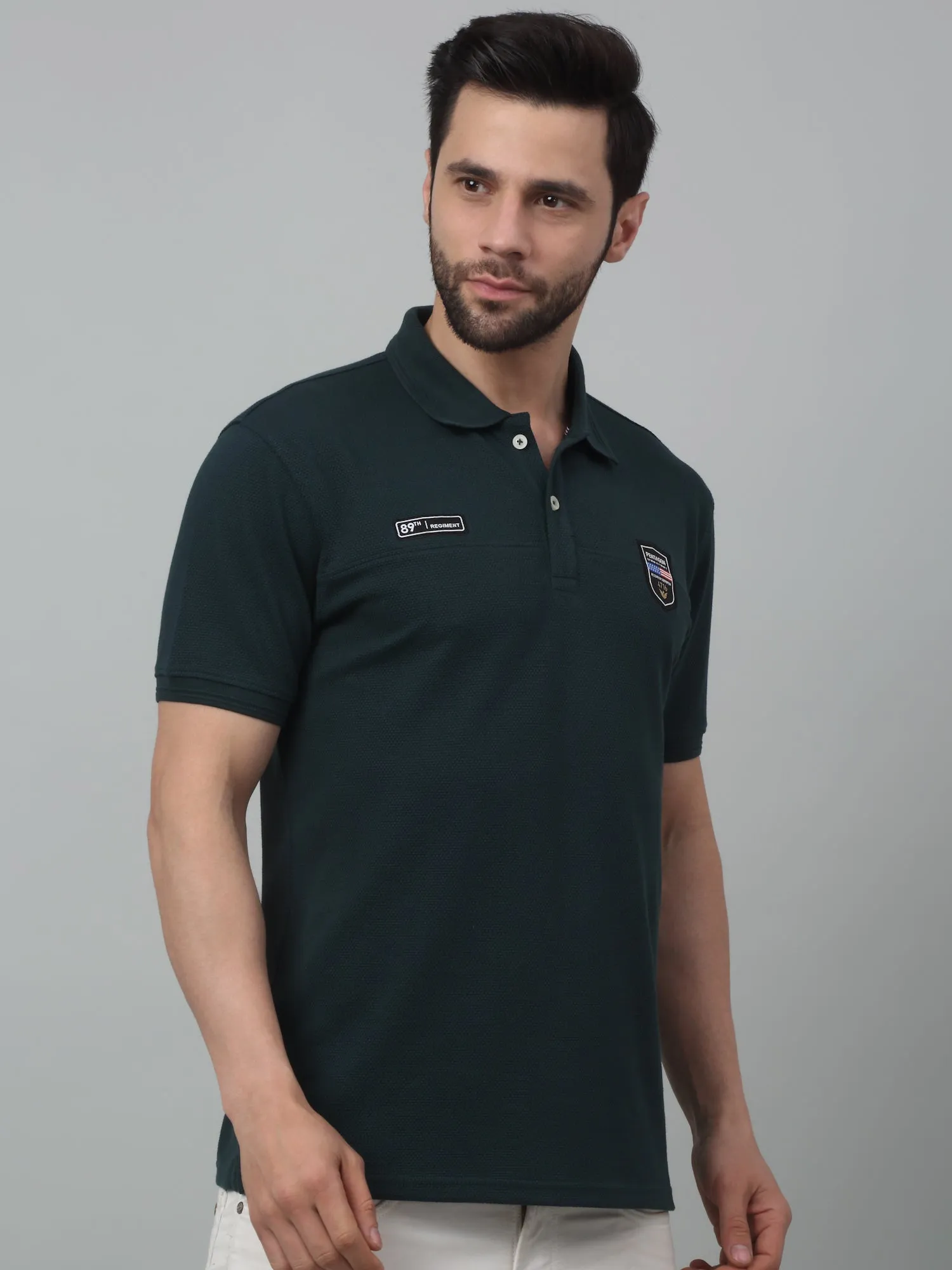 Men's Teal Green Polo neck Half Sleeve T-Shirt with cut n sew