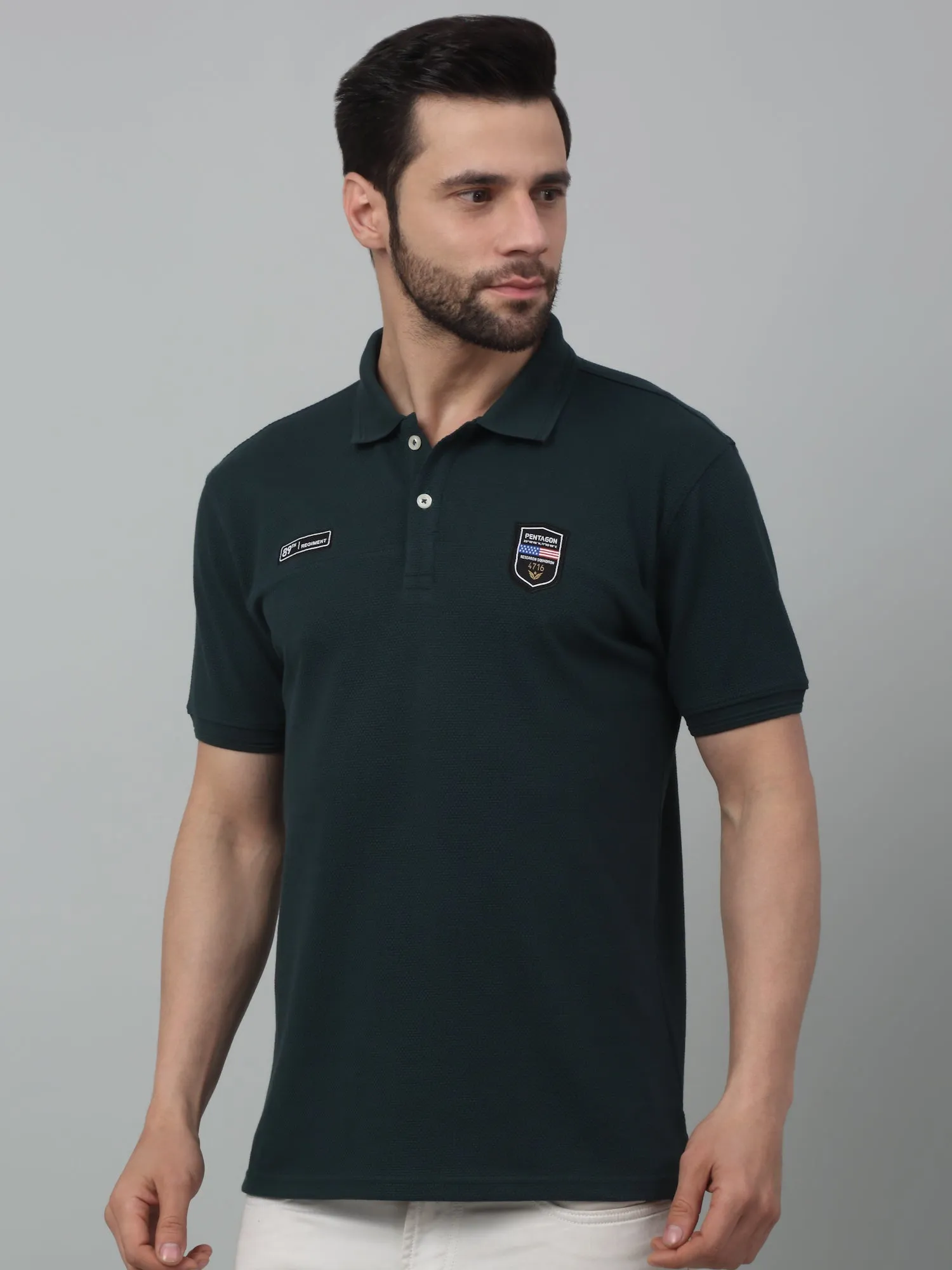 Men's Teal Green Polo neck Half Sleeve T-Shirt with cut n sew