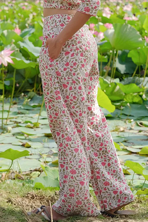Okhai "Zinnia Zest" Hand Embroidered Handblock Printed Pure Cotton Pants