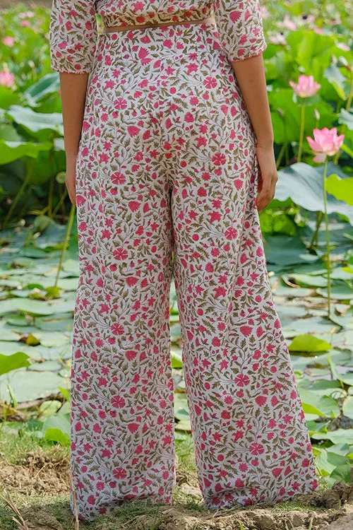 Okhai "Zinnia Zest" Hand Embroidered Handblock Printed Pure Cotton Pants