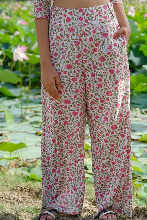Okhai "Zinnia Zest" Hand Embroidered Handblock Printed Pure Cotton Pants