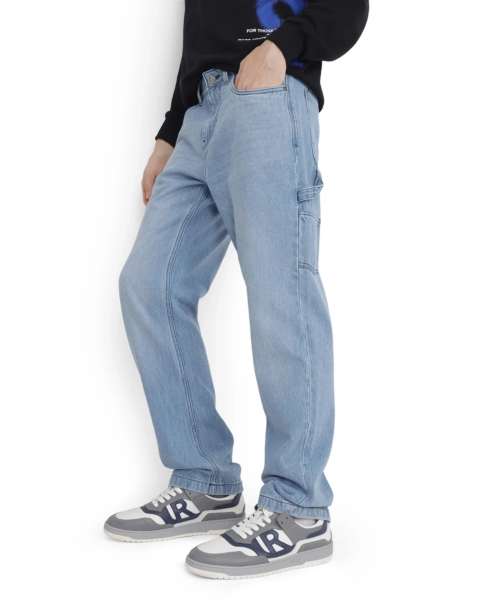 Rare Rabbit Men's Carpenter-2 Blue Cotton Fabric Light Wash Carpenter Fit Solid Jeans