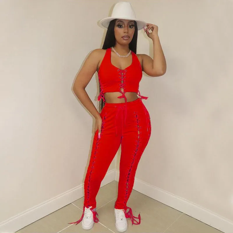 See through Pants Suit Solid Color Sleeveless Sexy Pants Suit Clothing