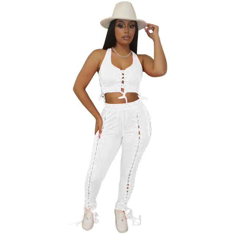 See through Pants Suit Solid Color Sleeveless Sexy Pants Suit Clothing