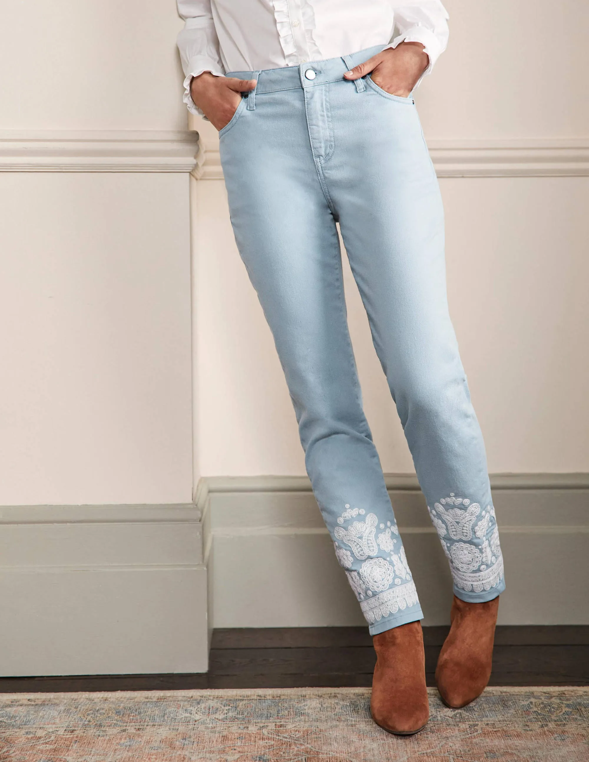 Slim Straight Ankle Skimmers-Dusty Blue, Embroidered