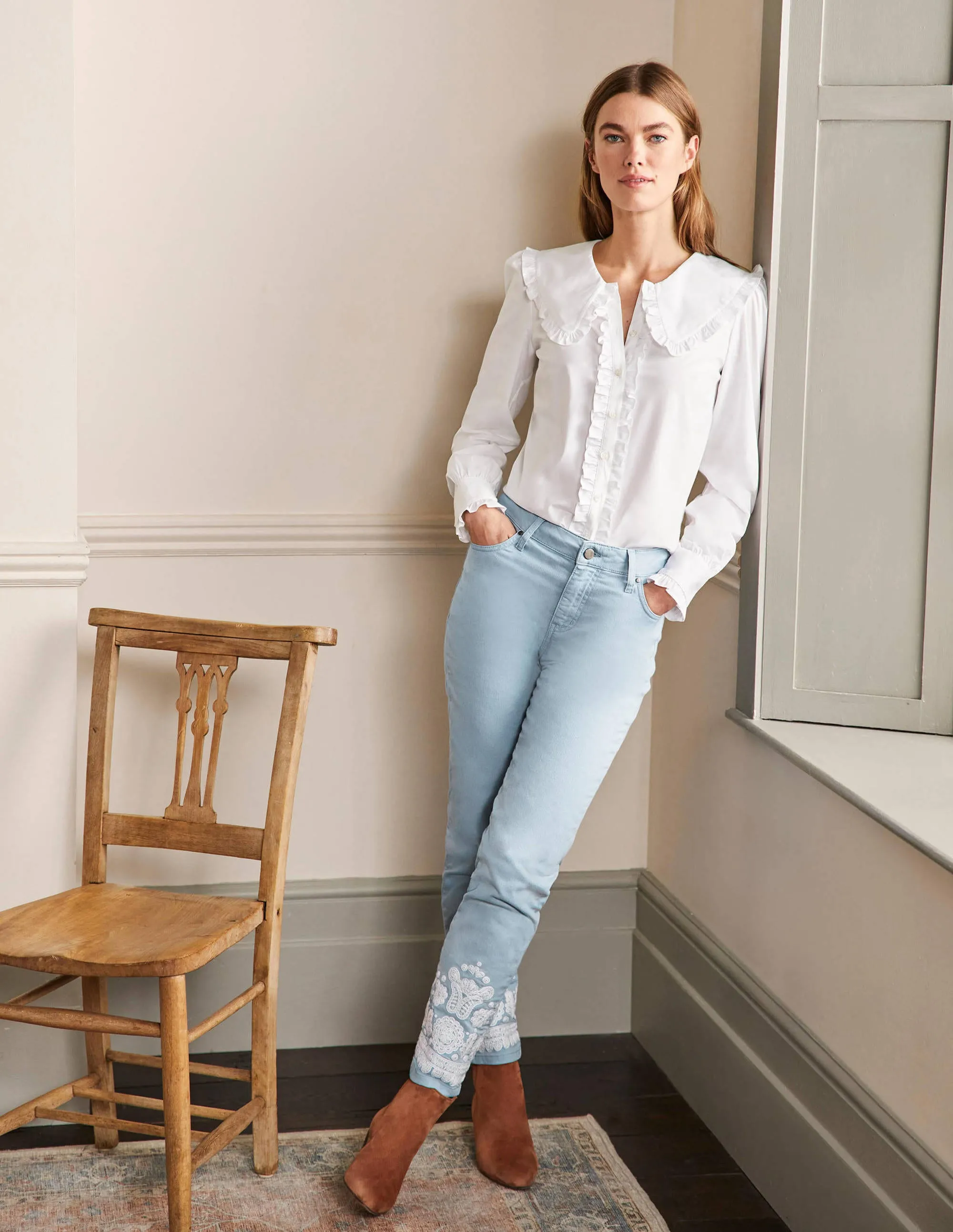 Slim Straight Ankle Skimmers-Dusty Blue, Embroidered
