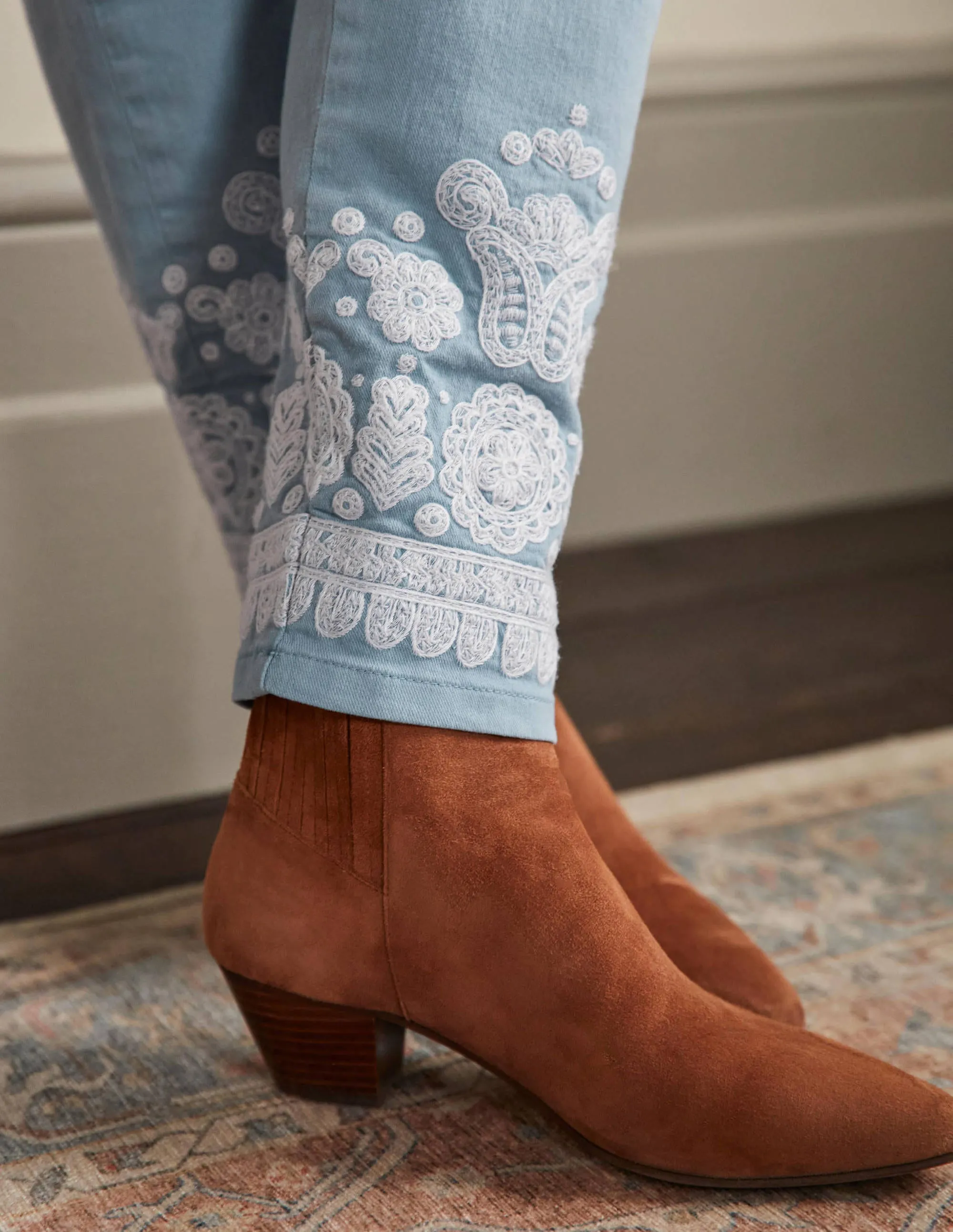 Slim Straight Ankle Skimmers-Dusty Blue, Embroidered