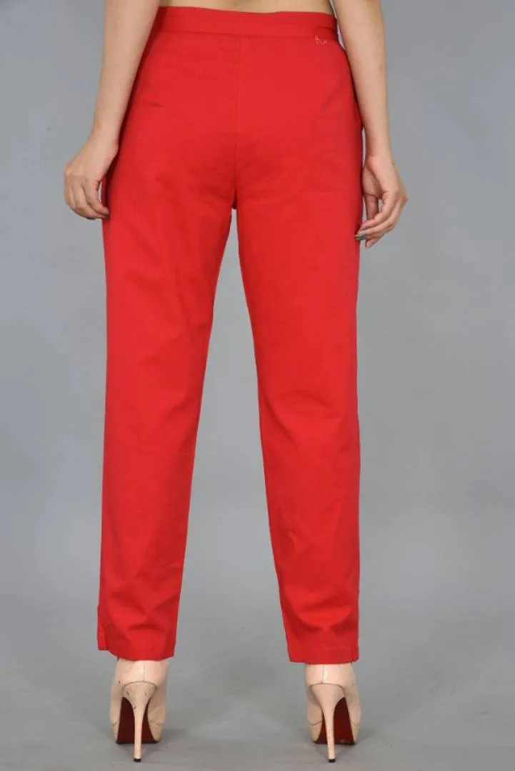 Women Cotton Blend Pleats On Bottom 2 Side Pocket Fully Belt Zip And Hook Closer Casual Regular Fit Trouser