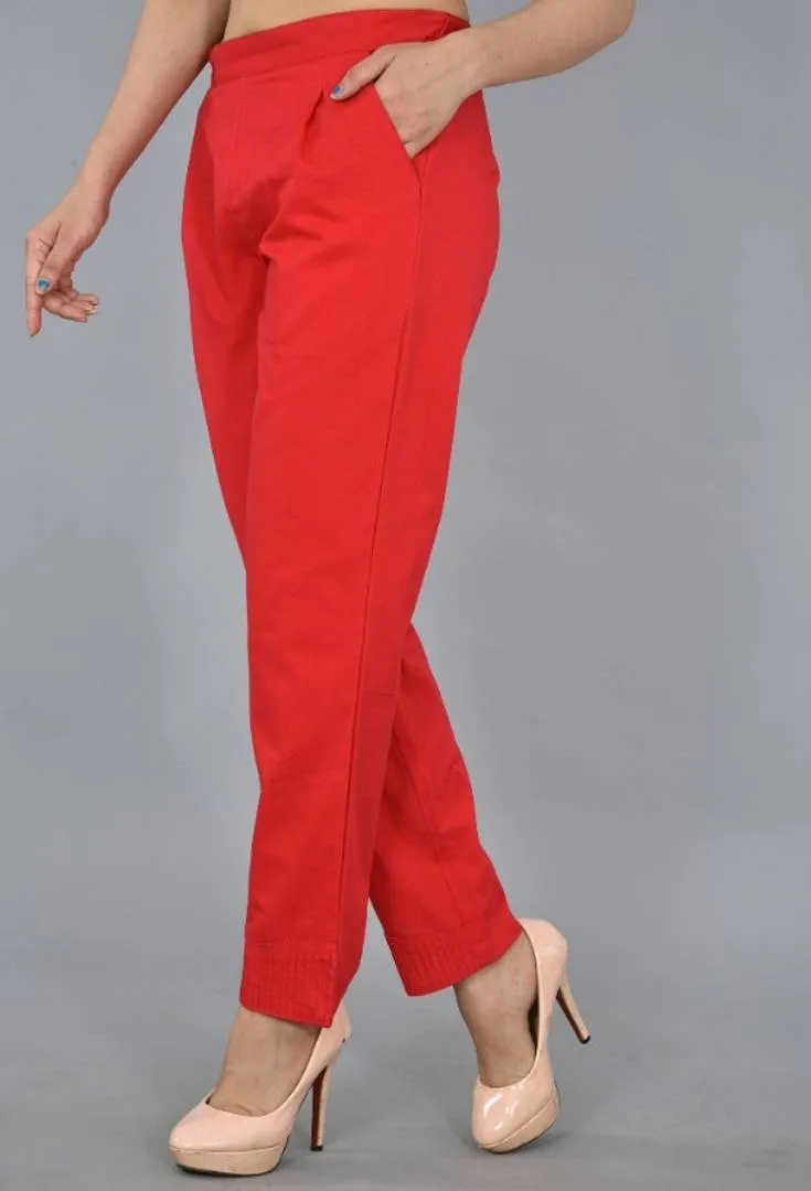 Women Cotton Blend Pleats On Bottom 2 Side Pocket Fully Belt Zip And Hook Closer Casual Regular Fit Trouser