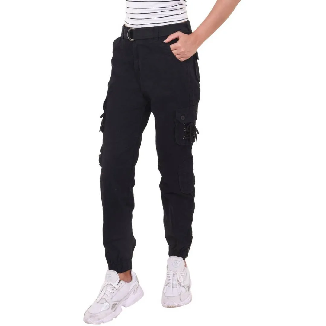 Women's Black Cotton Solid Cargo