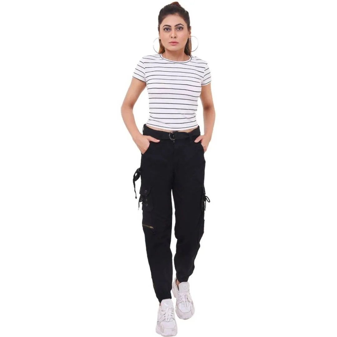 Women's Black Cotton Solid Cargo